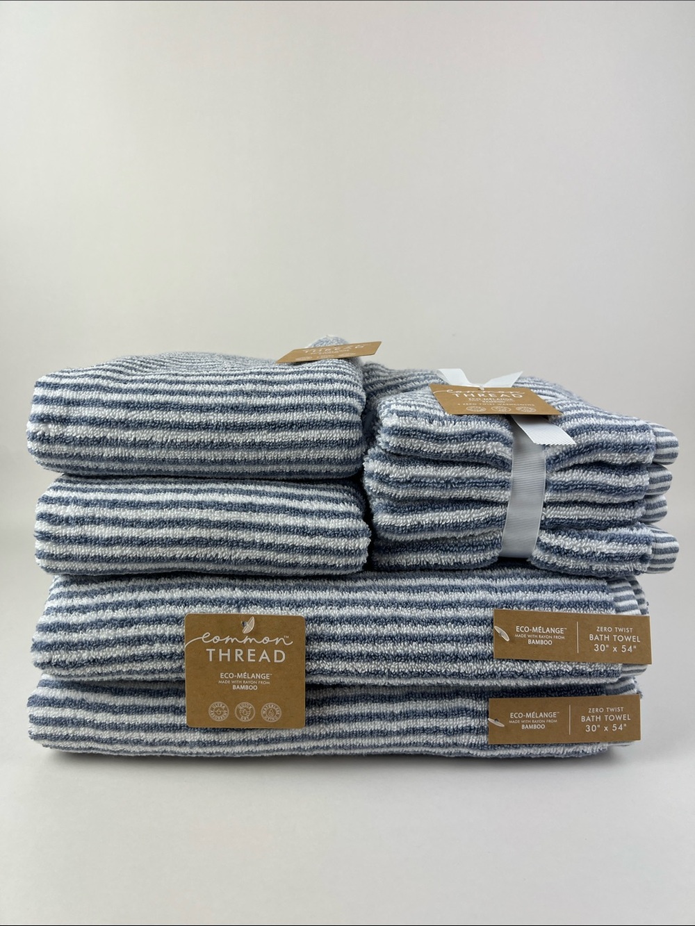 Common Thread Bath Towel Set Bamboo Blue White Striped Soft Cotton 8 Pc Set NEW